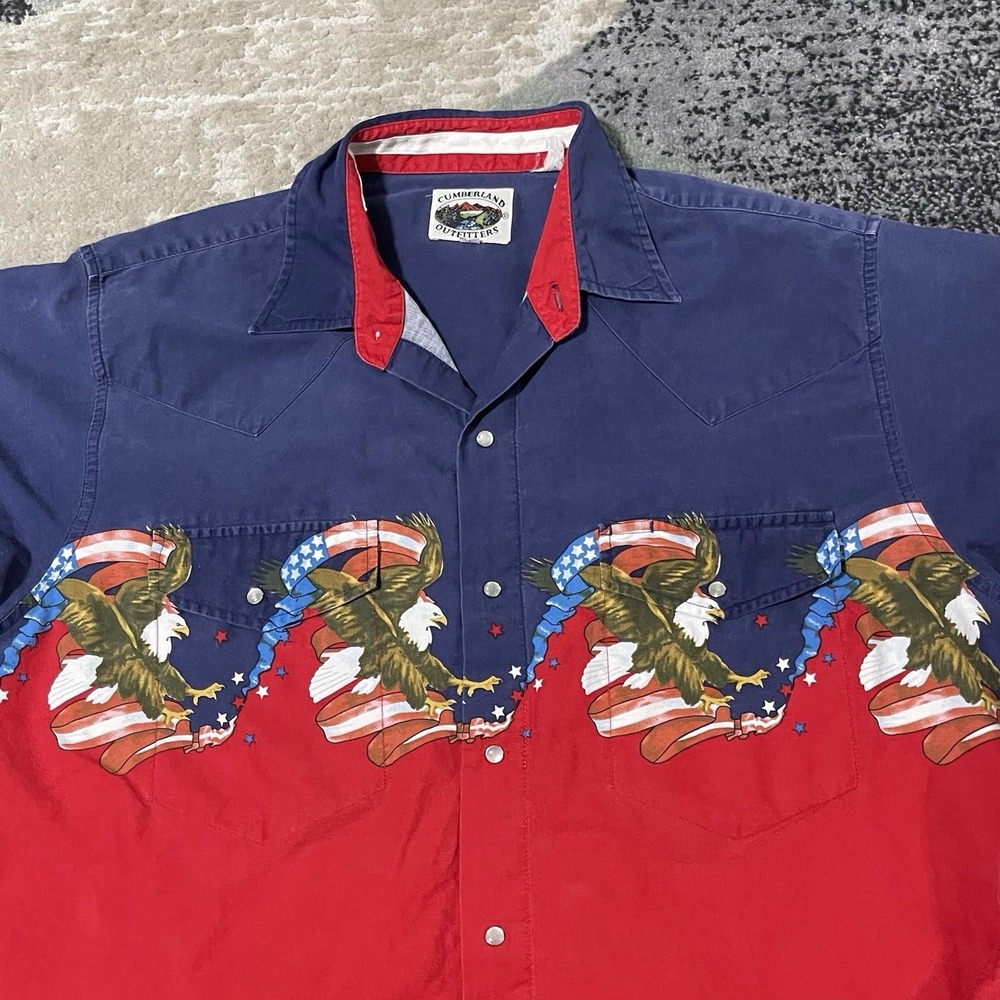 Cumberland Outfitters Western Shirt Men XL Red Blue Eagle USA Print Pearl Snap